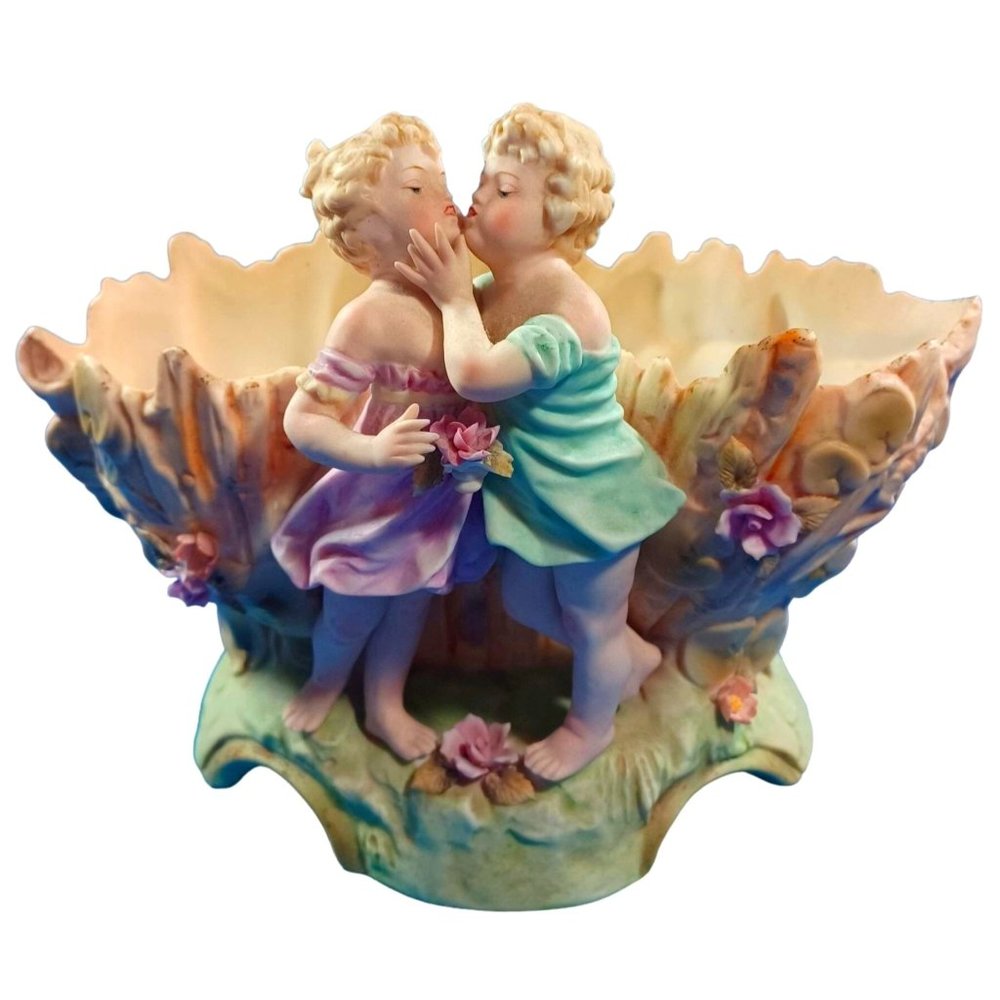 Antique Kissing Babies German Kalk Bisque Jardiniere Planter Centerpiece Bowl